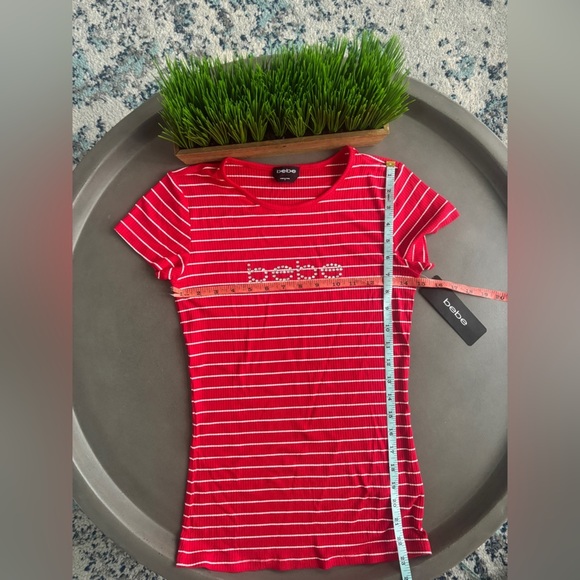Bebe Vibrant Red and White Striped Tee Size Small NEW - Picture 7 of 7